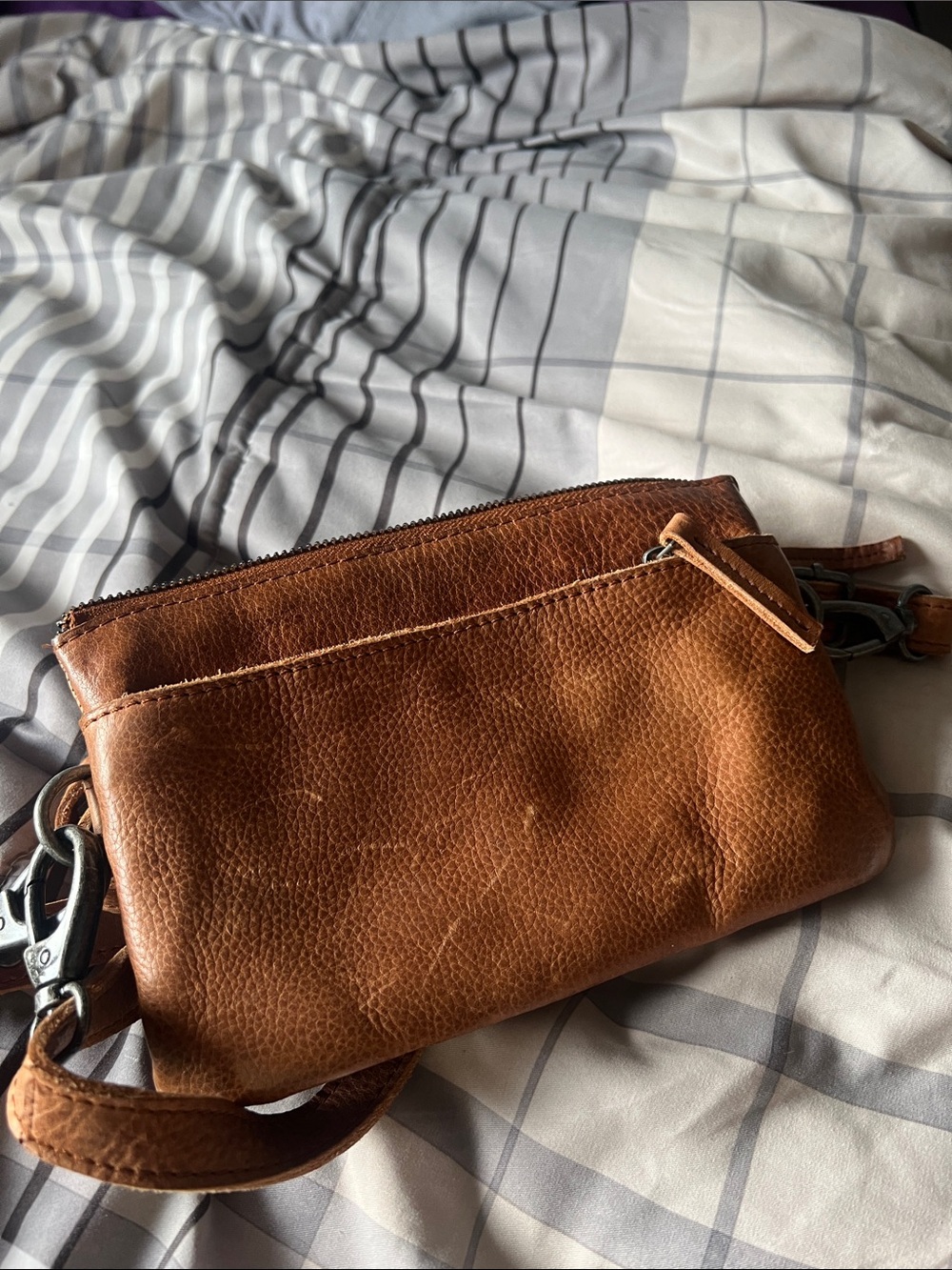 Distressed Brown Leather Crossbody Wristlet